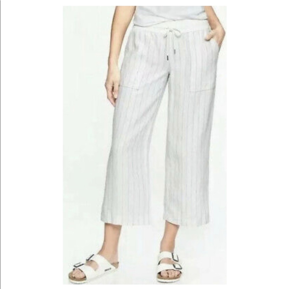 Athleta White Linen Striped Cropped Pants